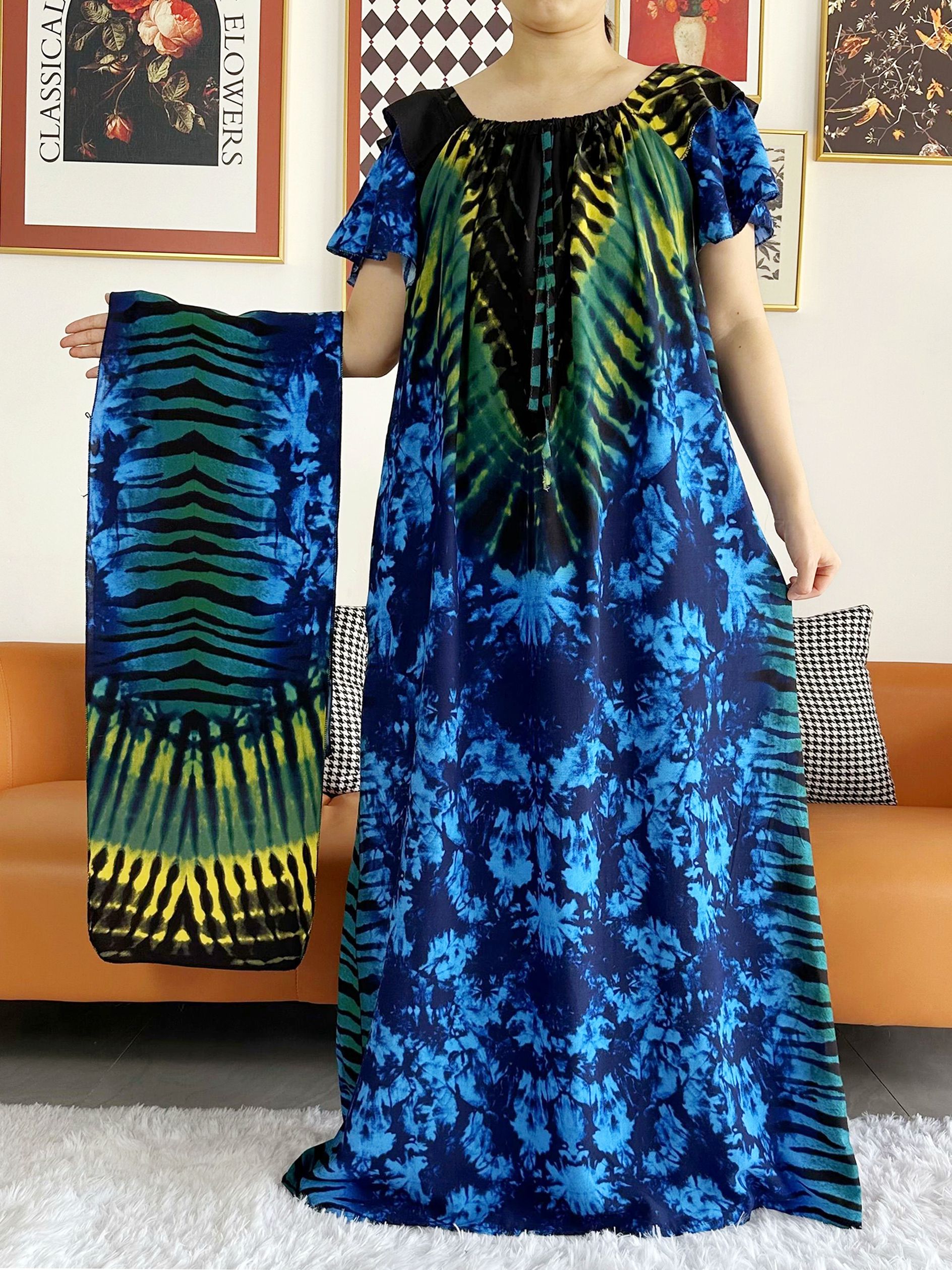Robe Africaine à Manches Courtes pour Femme, Vêtement Maxi à Col Bateau, Boubou Floral, Taille Libre, Été