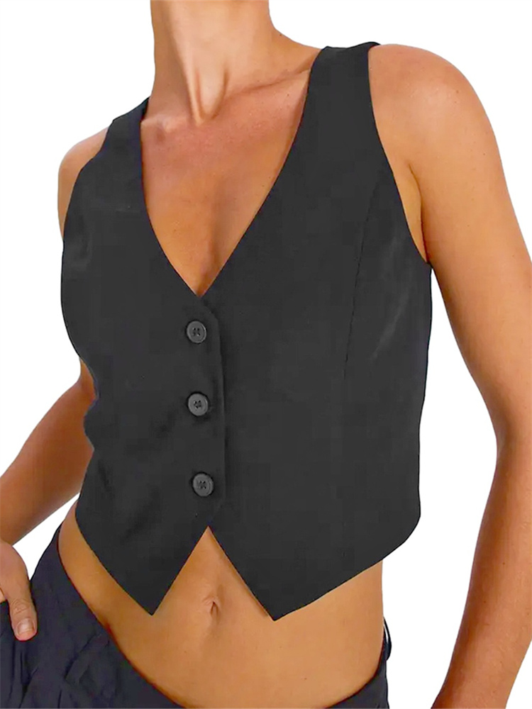 Gilet Caot sans manches pour femmes, col en V, boutons, couleur unie, Blazer pour décontracté, mode quotidienne