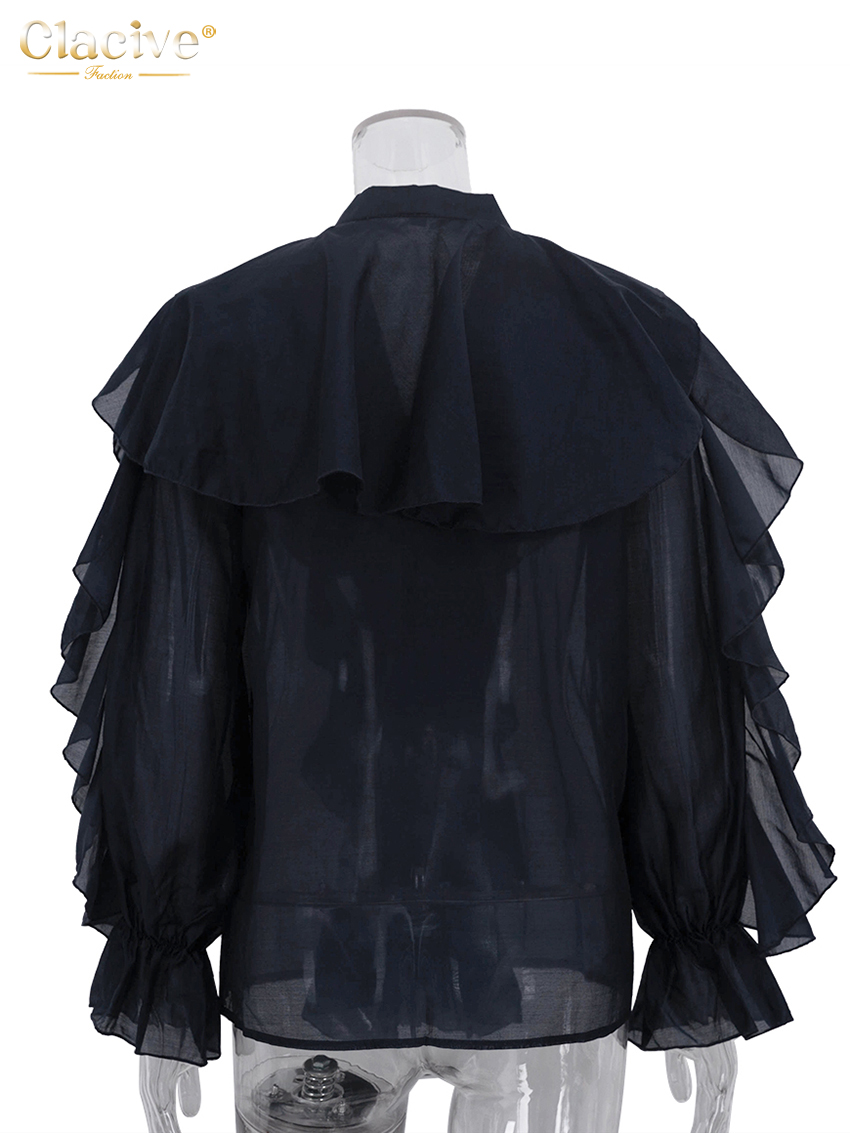 Clacive mode ample blanc femmes chemise 2025 Sexy col en v à manches longues chemises élégant classique volants solide hauts vêtements féminins