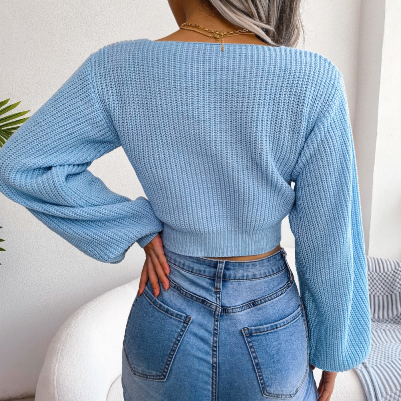 Chandails décontractés à manches longues avec nœud pour femmes, mode d'hiver, col en V, pull court, taille haute, amincissant, hauts en tricot