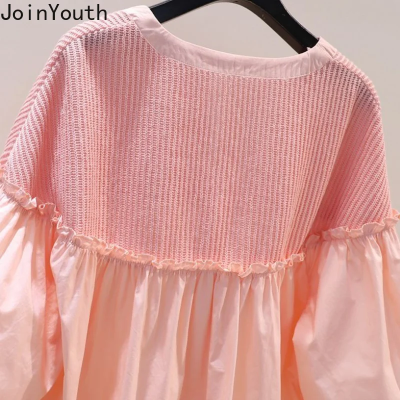 Chemisiers en coton femmes Patchwork rose chemise ample été doux volants Blouse col rond lanterne manches hauts 2025 Blusas Mujer De Moda