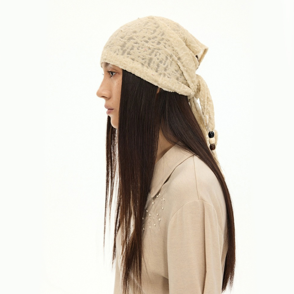 1 Foulard fin et personnalisé pour femme, motif Paisley uni, en dentelle, avec texture de perles en bois, en soie tricotée