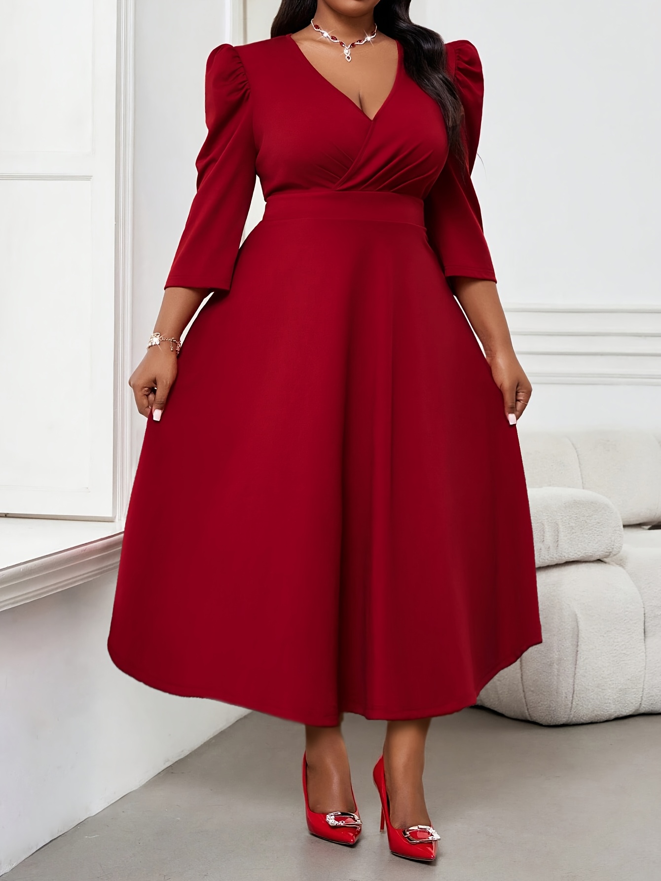 Robe longue élégante rouge grande taille pour femme 2026, manches 3/4, taille haute, coupe trapèze, automne-printemps, pour le bureau ou les soirées