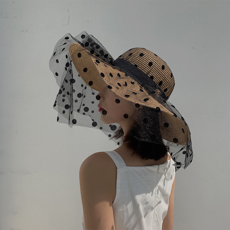 Chapeaux de paille en maille de dentelle pour femmes, chapeau de soleil à large bord, protection UV pliable, pois classiques et élégants, été