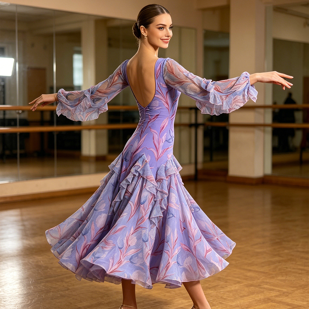 Robe de danse de salon pour femme, imprimé floral violet, dos nu, manches longues, volants, grande jupe évasée, pour la danse de la valse, la compétition moderne et la pratique