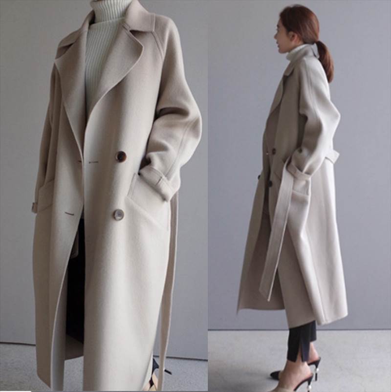 Manteau en laine pour femmes, nouvelle collection automne-printemps 2026, long, tendance, ample, longueur genou, cintré à la taille, en tweed, vêtements pour femmes.