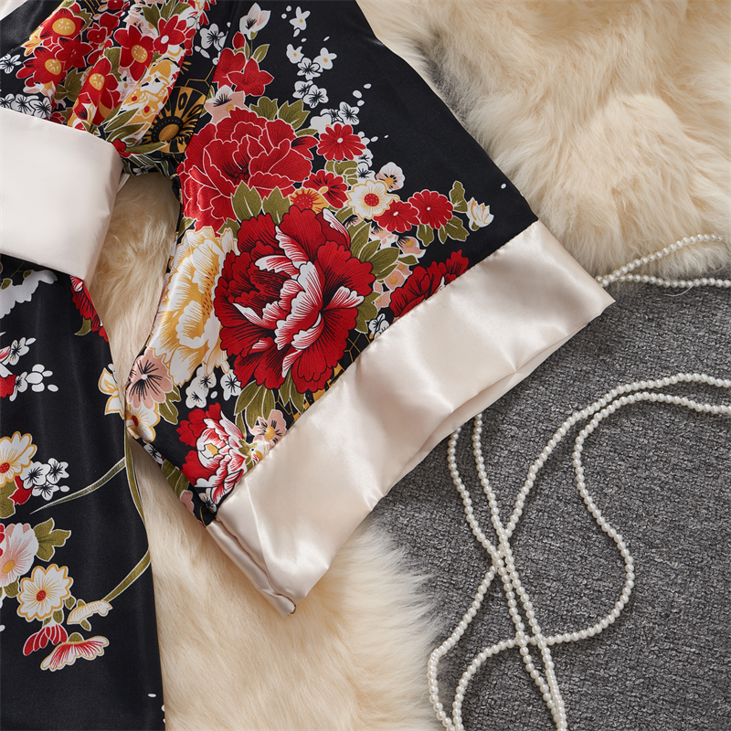 Kimono japonais col en v imprimé fleur nœud taille façonnant Cardigan robe femmes vêtements ample à manches longues Vintage tendance à lacets