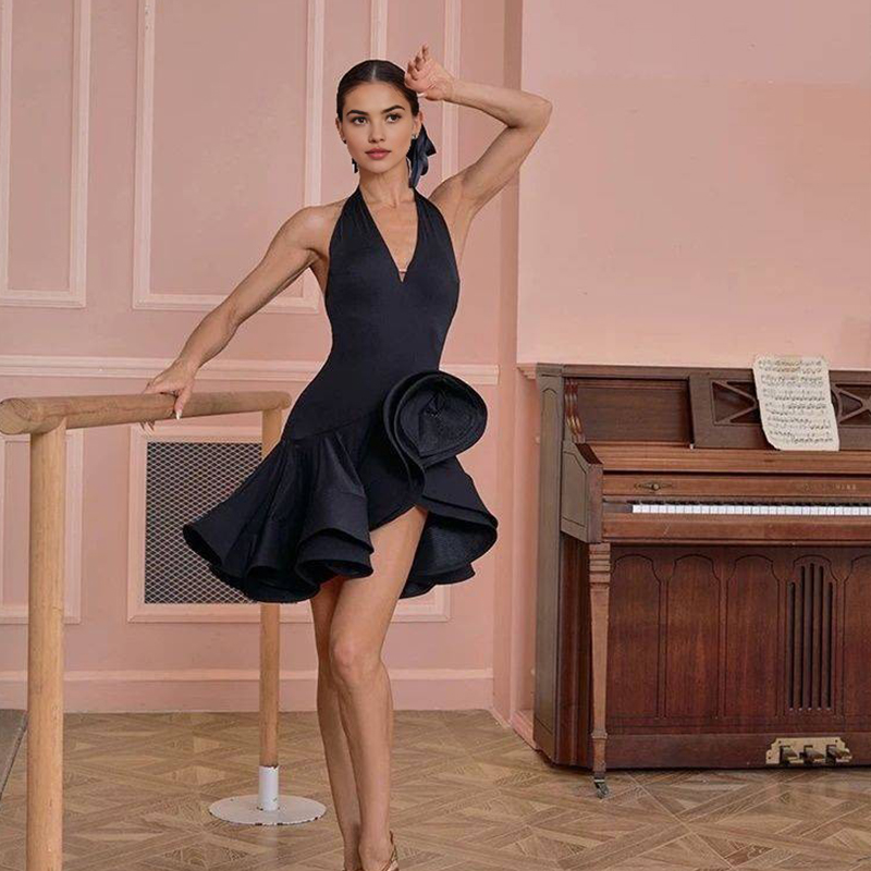 Robe de danse latine pour femmes, élégante, noire, dos nu, sans manches, Samba Rumba cha-cha, vêtements de danse pour salle de bal, Costume de danse de fête, nouvelle collection 2025