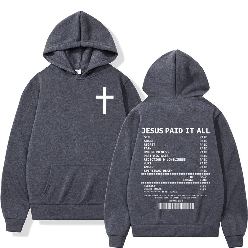 Sweat-shirts à capuche unisexes 2025 Christian Jesus Paid It All, style hip-hop, coupe oversize, avec verset biblique, vêtements vintage