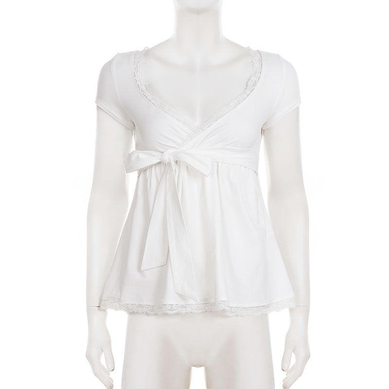 T-shirts élégants pour femmes à col en V, manches courtes, patchwork de dentelle, style coréen, avec ceinture ajustable, coupe trapèze, tendance