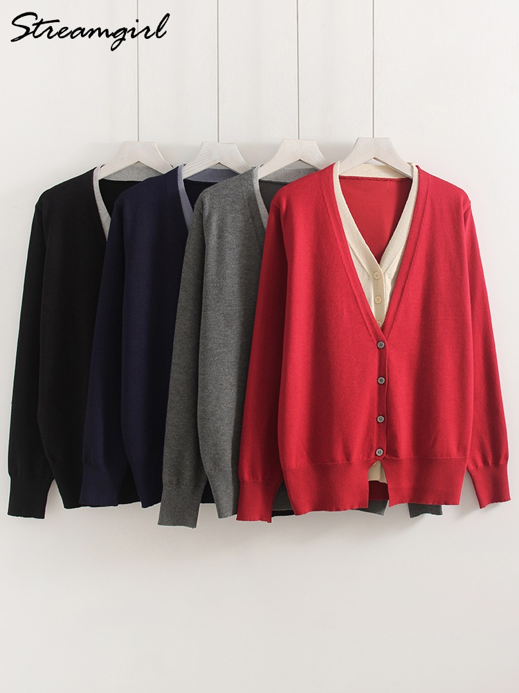 Cardigan court à boutons pour femme, manches longues, col en V, ample, effet deux pièces, rouge, tricoté, veste d'automne pour femme