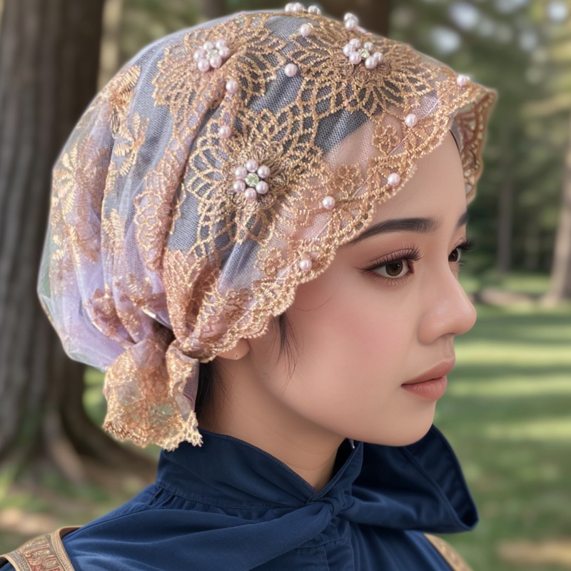Femmes élégant foulard chapeau brodé perlé Double couche dentelle chapeaux sous-écharpe Bonnet bonnets perte de cheveux couverture musulman Hijab casquette