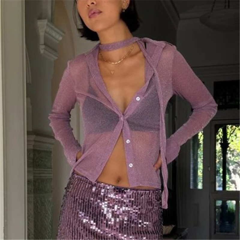 Chemisier transparent sexy à manches longues pour femme avec collier ras-du-cou, style Y2K Coquette, chemise boutonnée transparente à paillettes, streetwear, crop top de soirée