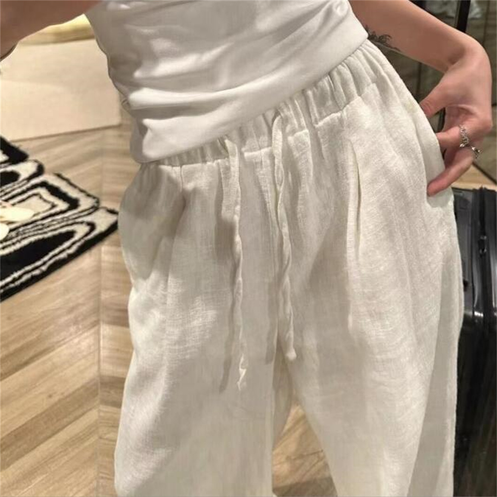 Pantalon décontracté en coton et lin de style coréen, taille élastique, doublé, blanc, coupe ample, long, pour femme, streetwear