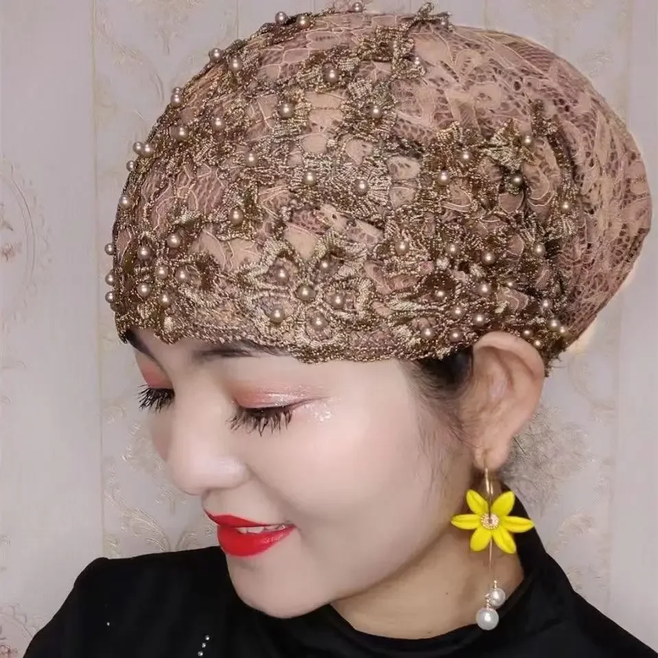 Dames personnalité ethnique perlé chapeau gaze écharpe foulard nouvelle mode foulard pull chapeau dames Baotou chapeau T003
