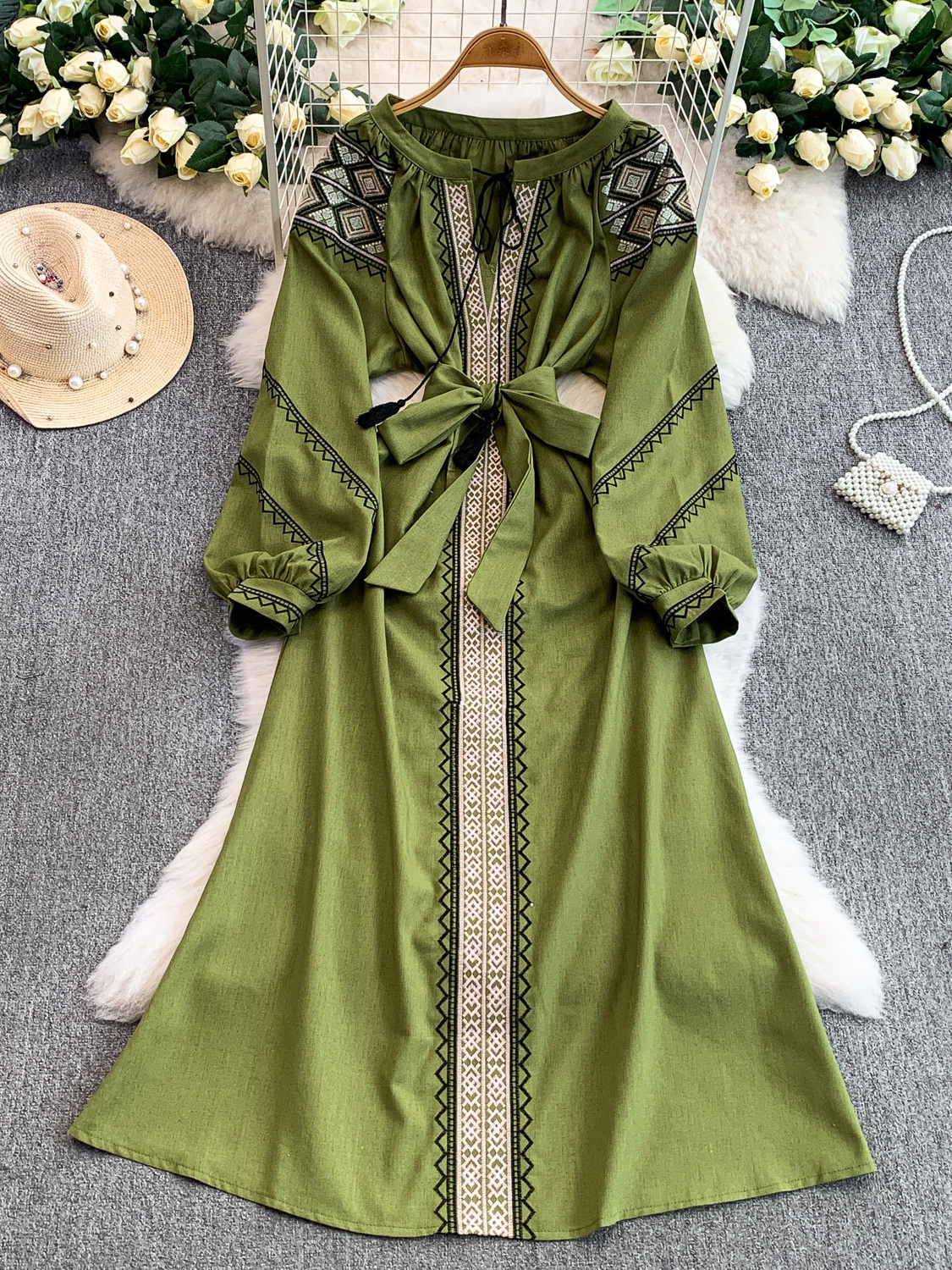 Robe brodée pour femmes, Style ethnique bohème, longue, col rond, Style académique, mélange de lin et de coton, printemps-automne, DS255