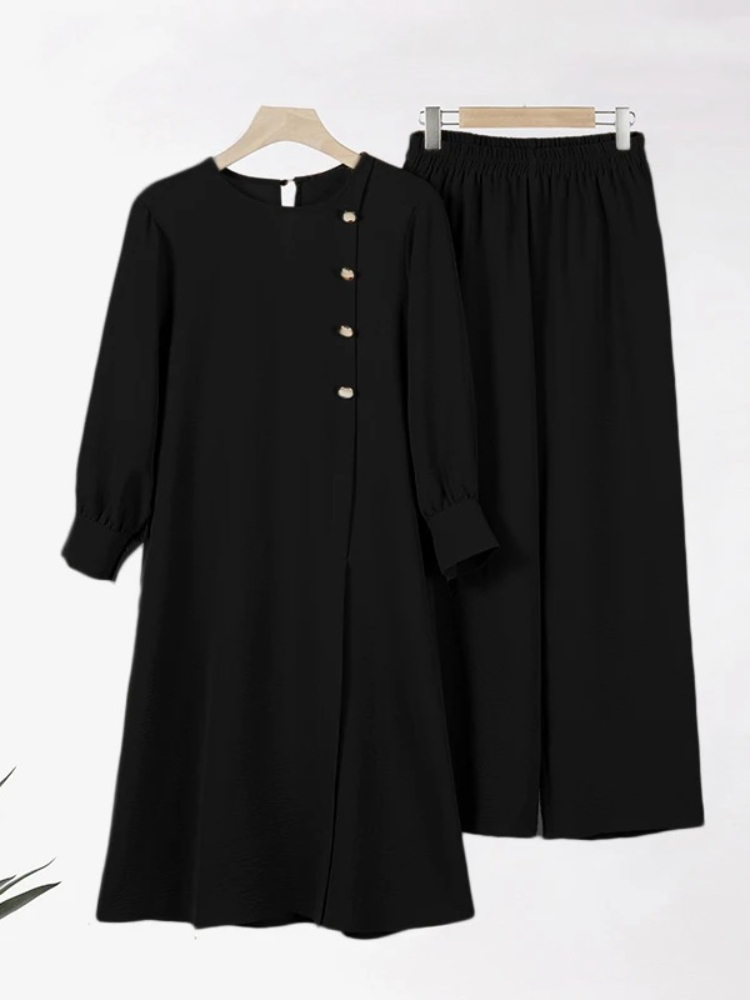Ramadan femmes Eid musulman deux pièces Ensemble chemisier fendu et pantalon Musulman Ensemble bouton chemise pantalon correspondant ensembles Femme Abaya 2024