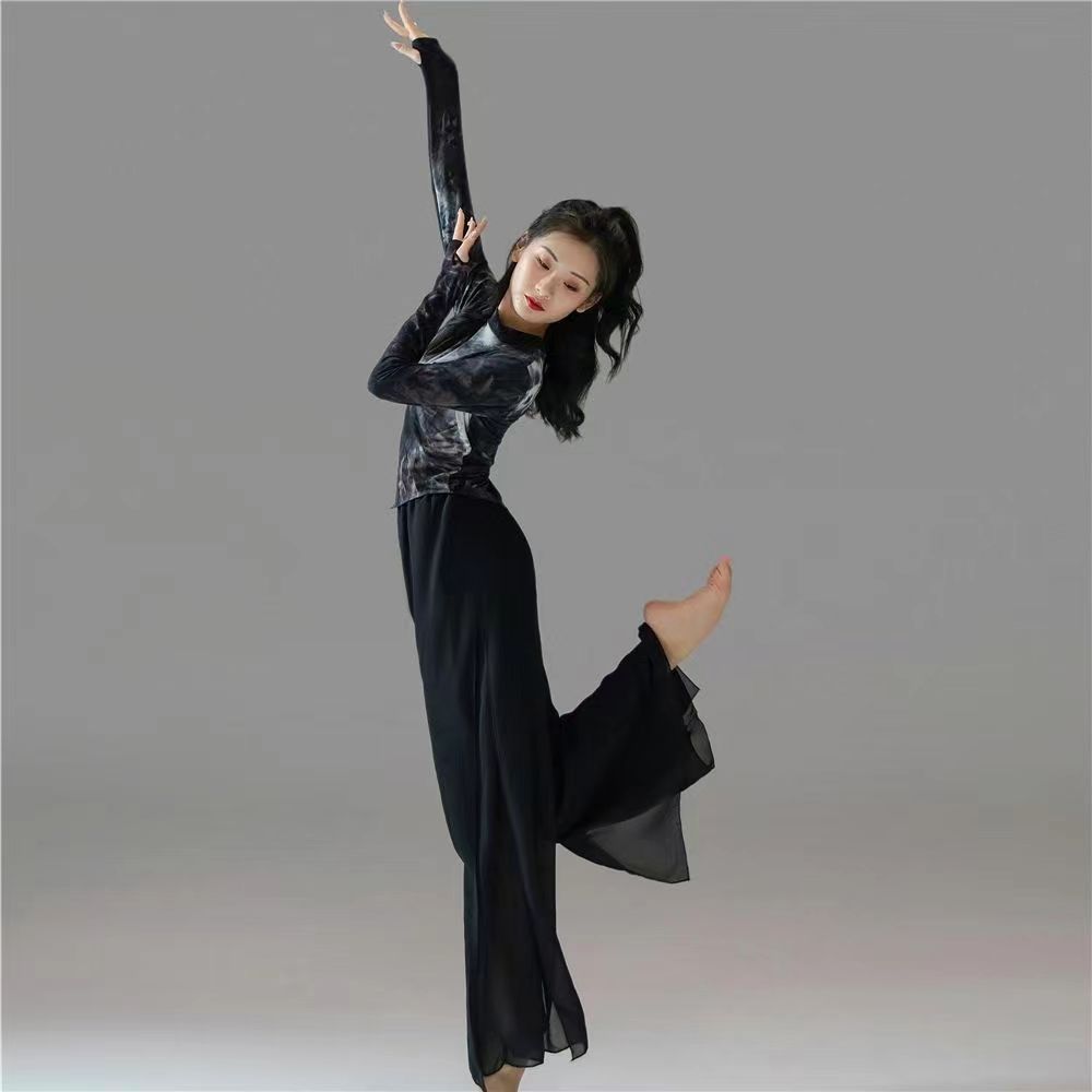 Nouvelle danse moderne danse classique noir cravate-teinture haut Performance pratique Costume Yoga fluide en mousseline de soie pantalon à jambes larges