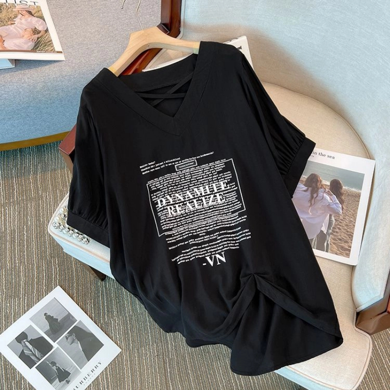 T-shirt manches courtes femme, ample, décontracté, avec ourlet fendu, lettres imprimées, rue, mode irrégulière, Harajuku, vêtements coréens pour femmes, été