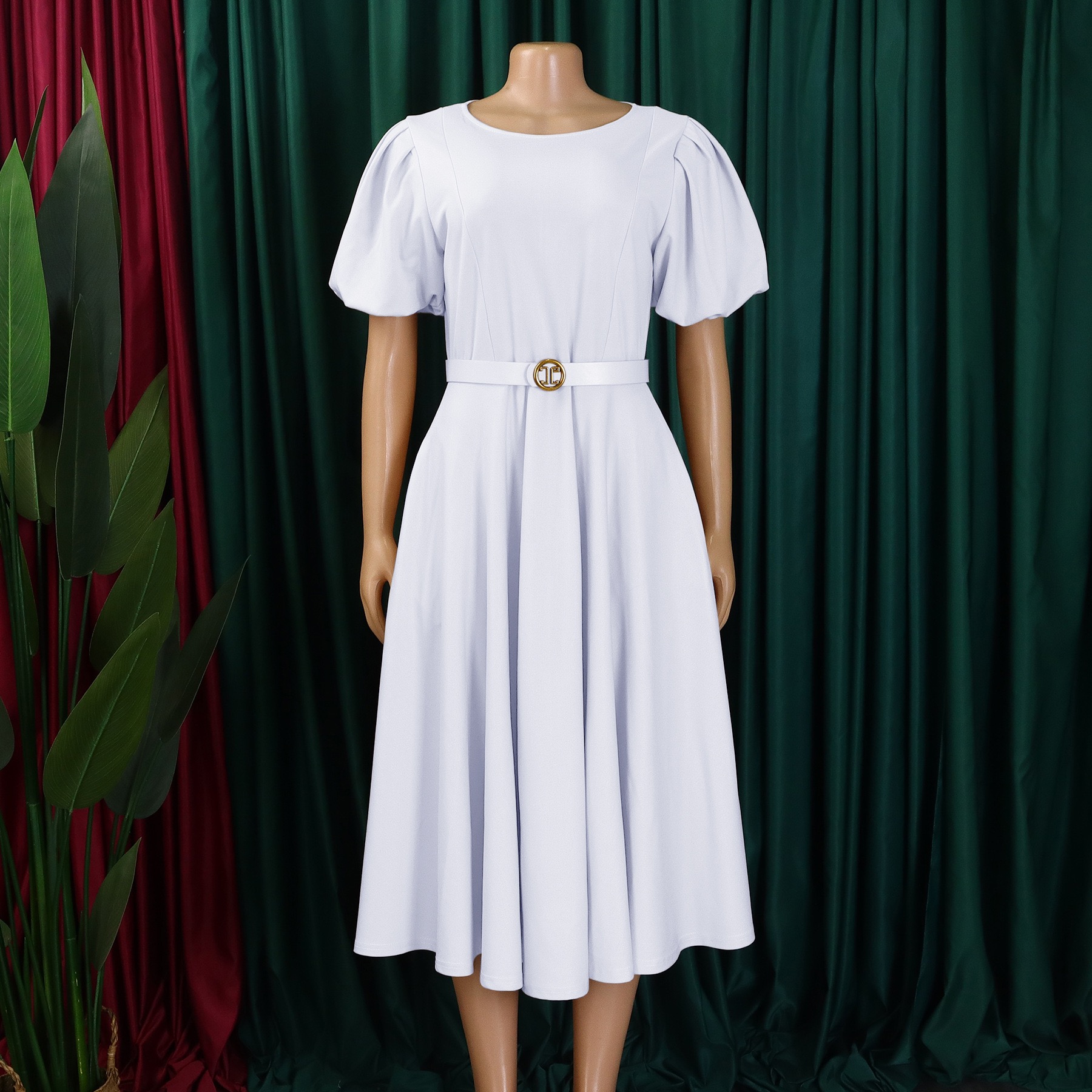 Robes africaines élégantes pour femmes, col rond, manches courtes, ceinture, taille plissée, mi-mollet, mode femme, robe de dîner pour fête d'anniversaire