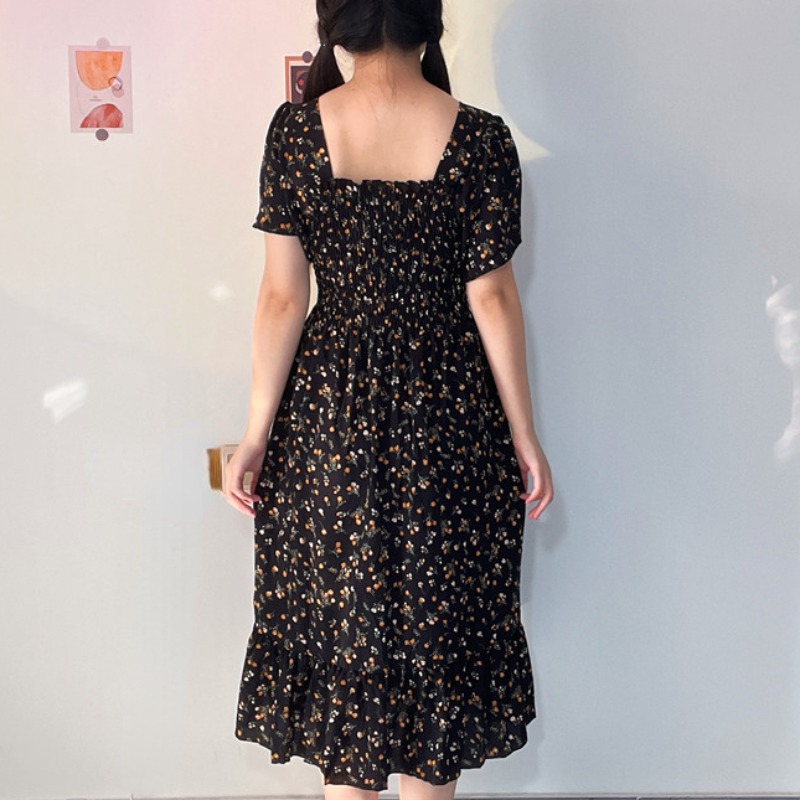 Printemps été robe en mousseline de soie femmes robes décontractées femme taille élastique à manches courtes imprimé fleuri Midi robes trapèze robes