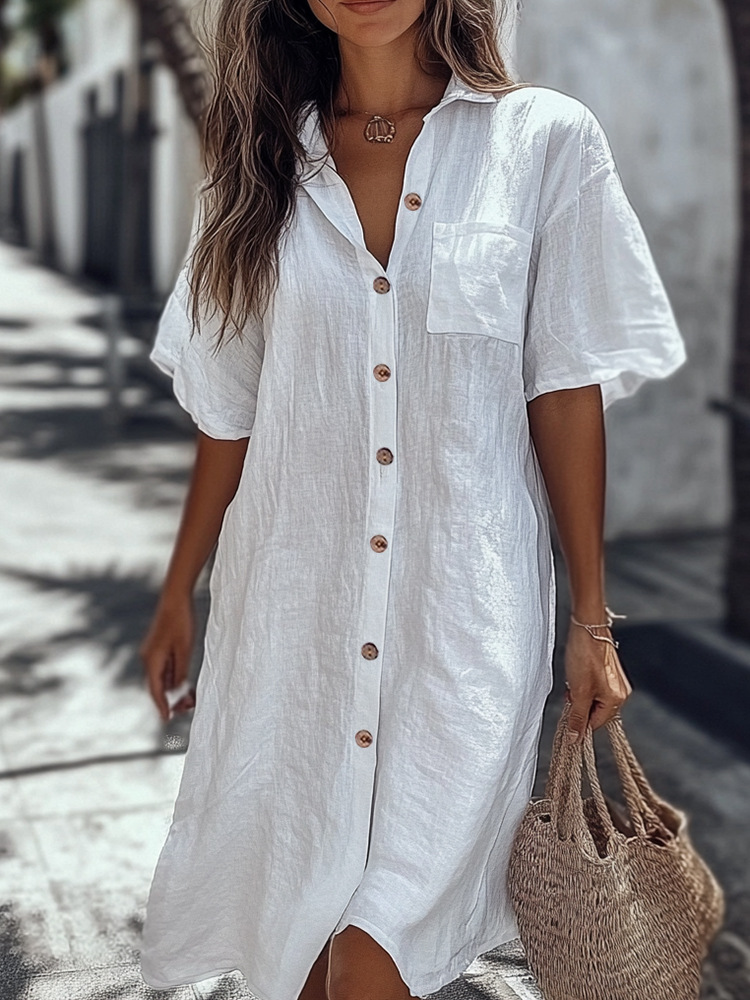 Robe chemise élégante pour femme avec poche, manches courtes, col boutonné, décontractée, ample, pour la plage