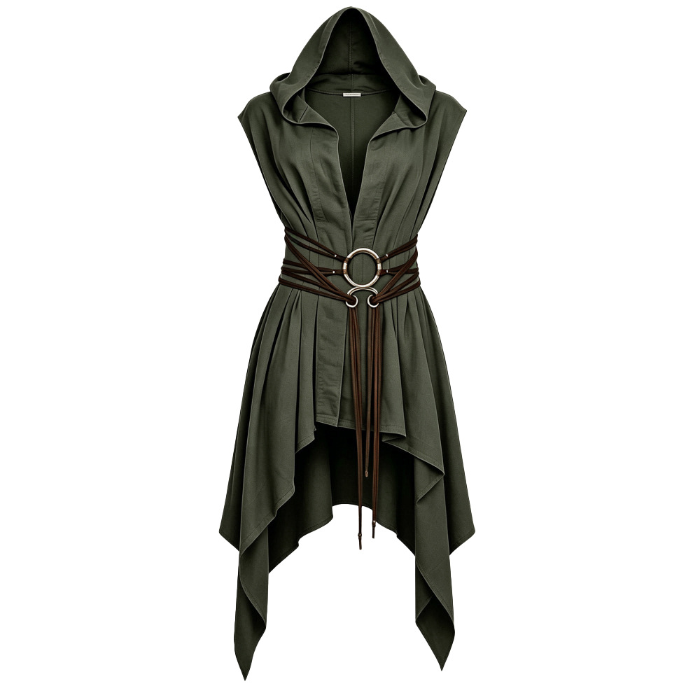 (Sans accessoires) Tabard médiéval à capuche pour femme, robe sans manches de style Renaissance, tenue viking, costume d'assassin pour Halloween, cosplay