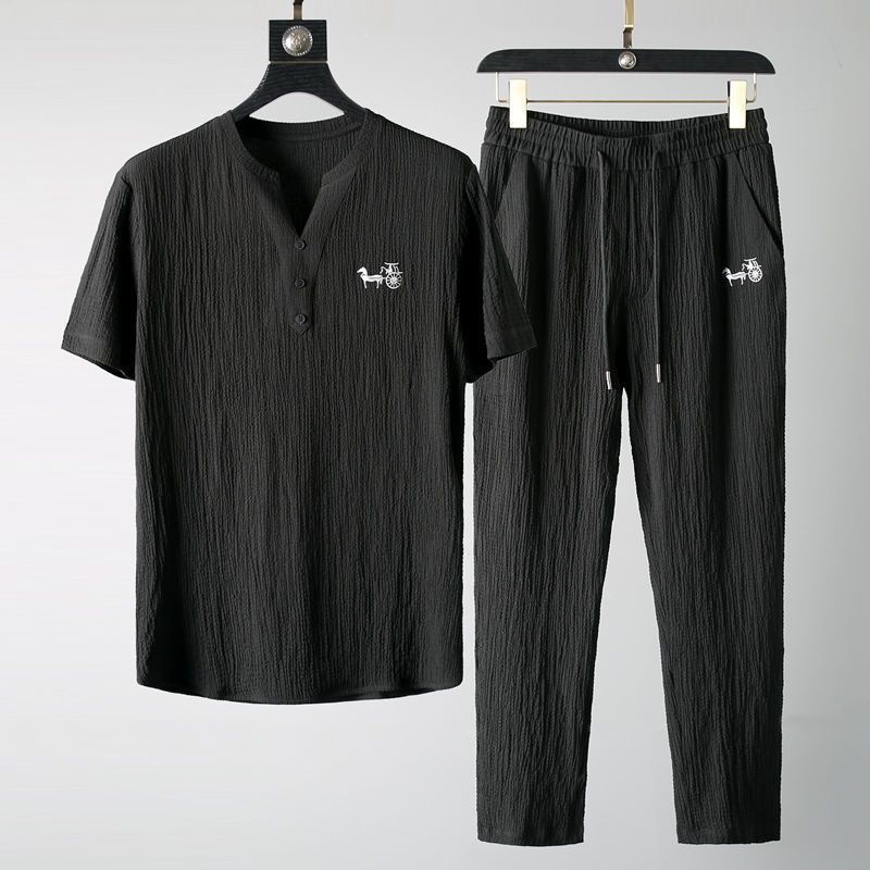 Ensemble 2 pièces plissé texturé pour homme, broderie carrosse, hauts à manches courtes col en V, pantalon ample à taille élastique, tenue décontractée d'été