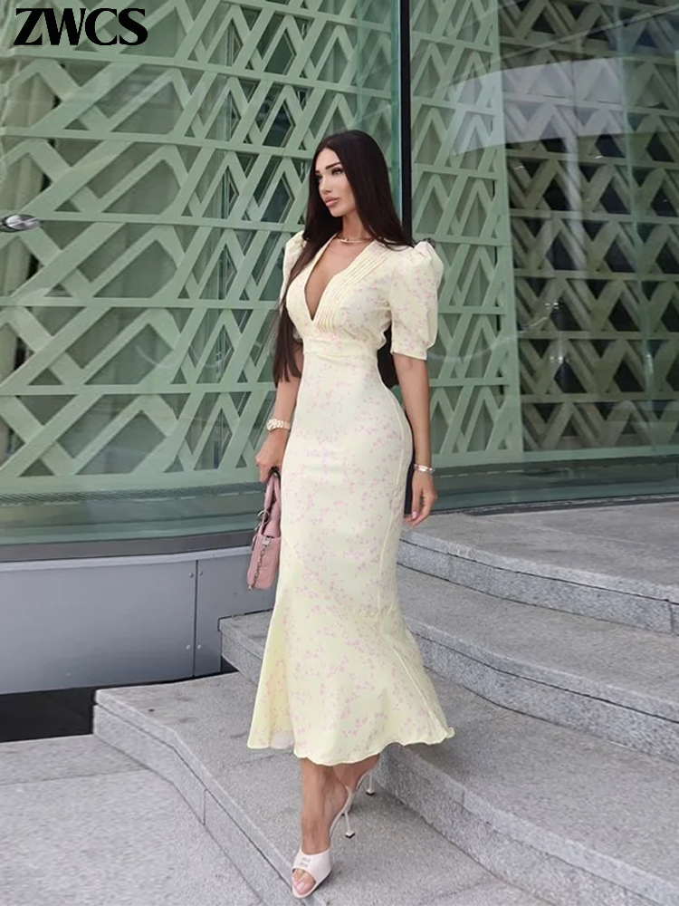 Robes longues plissées élégantes à imprimé floral pour femmes, col en V profond, manches courtes, taille cintrée, collection été 2026