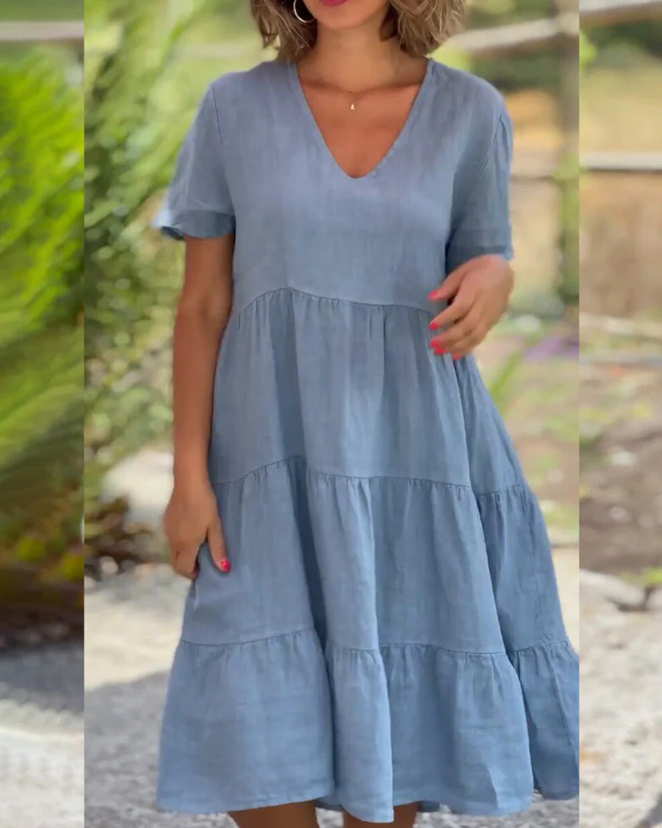 Robes décontractées en coton et lin pour femmes, douce, manches courtes, couleur unie, col en v, grande balançoire, ample, printemps/été, S-5XL, 2025