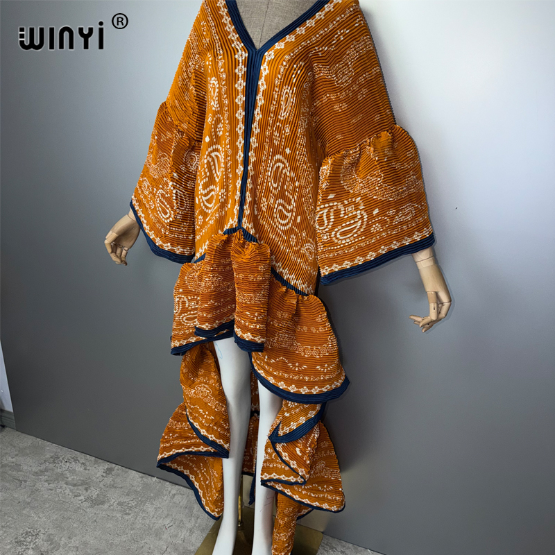 WINYI Robe plissée élastique et ajustée de style bohème pour femmes musulmanes, Kaftan Abaya, tenue de plage, longue robe de soirée de luxe de Dubaï
