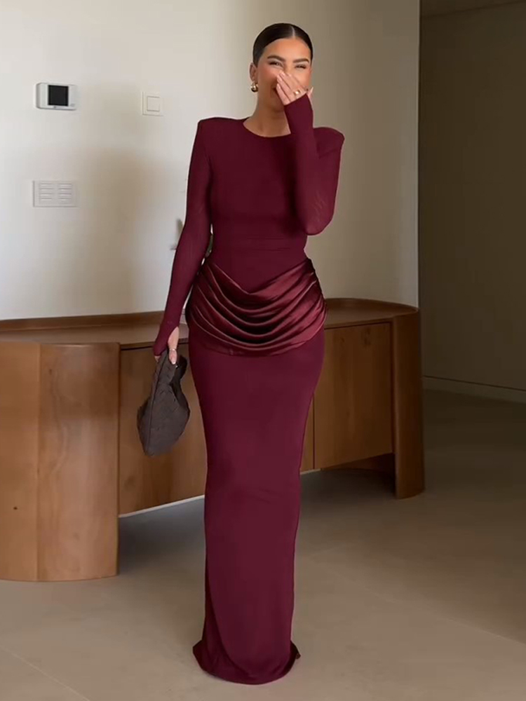 Robe de soirée froncée pour femmes, Sexy, élégante, Slim, col rond, taille cintrée, Maxi, hiver, 2025