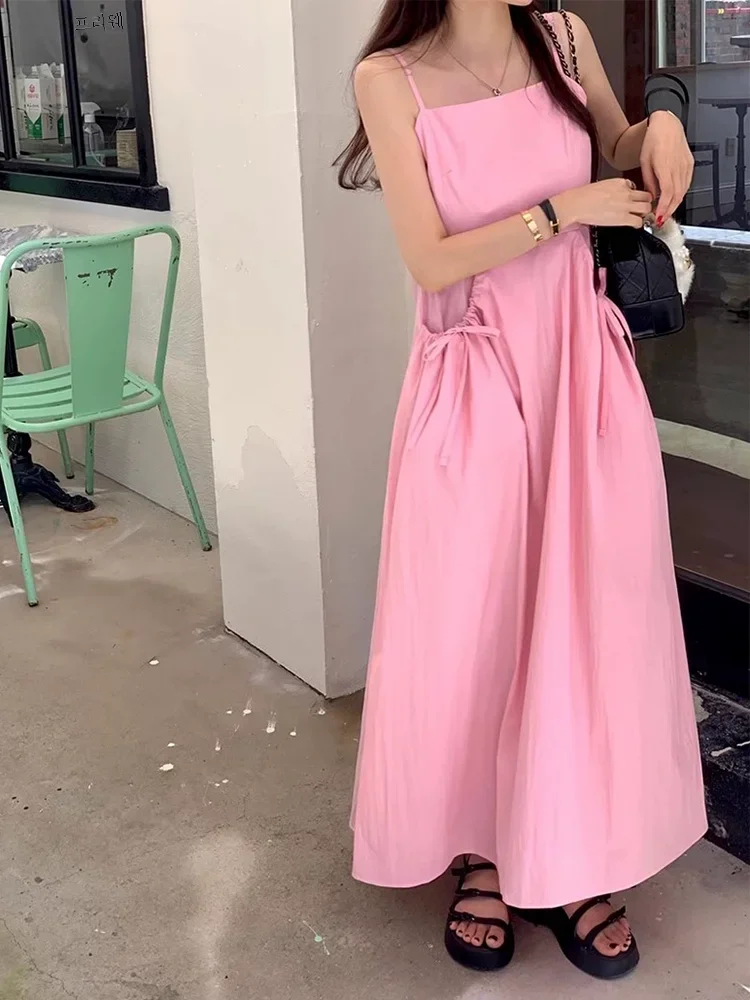 Robe longue à lacets plissée pour femmes, caraco à grandes poches, taille haute, coupe couvertes, mode coréenne, été, nouveau