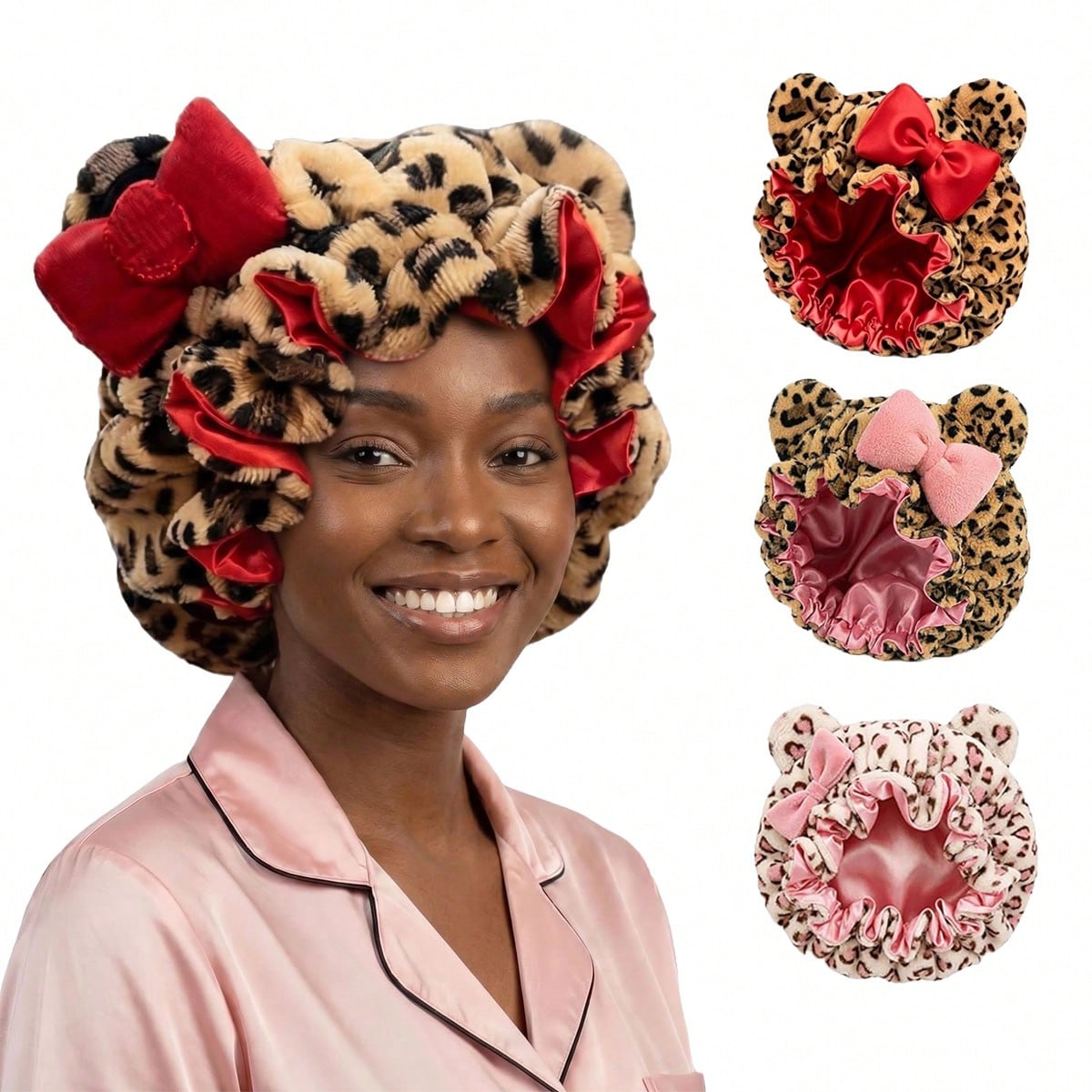 Bonnet de nuit en peluche imprimé léopard avec grand nœud, doublure en satin, doux et moelleux, ajustable avec oreilles d'ours