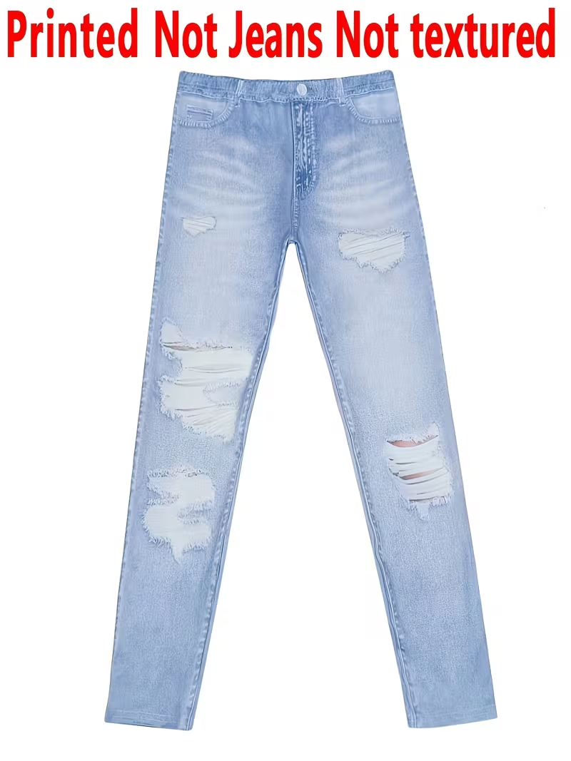 Leggings imprimés – Tissu non en denim, leggings imprimés avec motif imitation denim, avec poches et boutons décoratifs, grande élasticité, nouveauté.