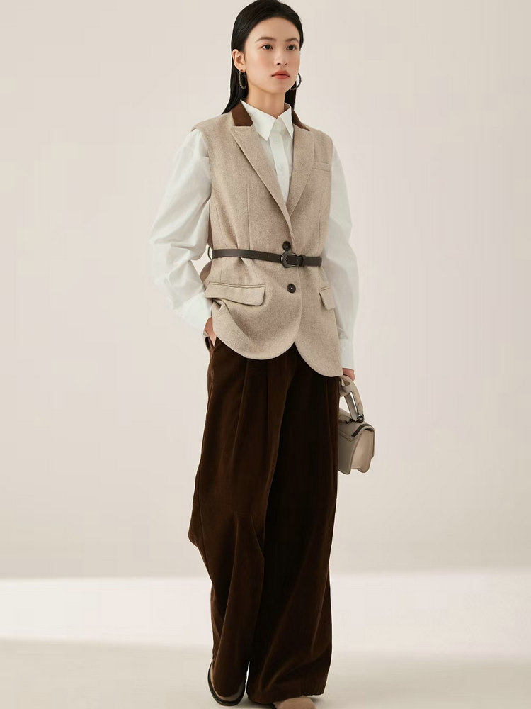 Gilet en mélange de laine pour femme, style navetteur, veste gilet tendance à col en V avec ceinture ajustable à la taille