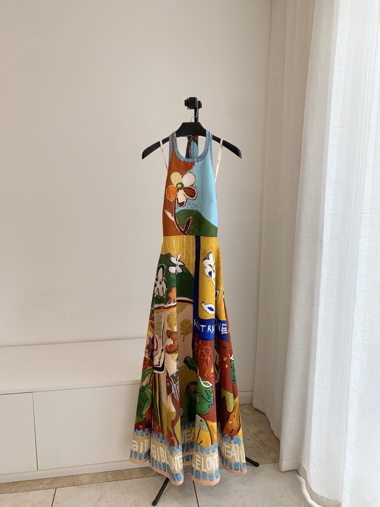 Robe longue sans manches en lin et viscose à col halter avec imprimé peinture à l'huile pour femmes