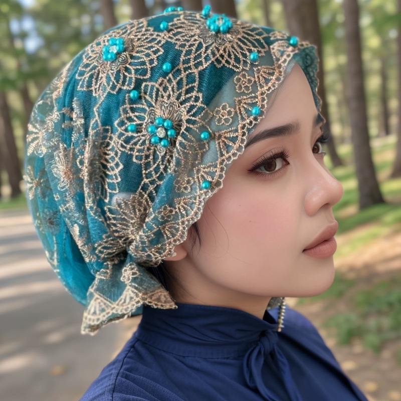 Femmes élégant foulard chapeau brodé perlé Double couche dentelle chapeaux sous-écharpe Bonnet bonnets perte de cheveux couverture musulman Hijab casquette