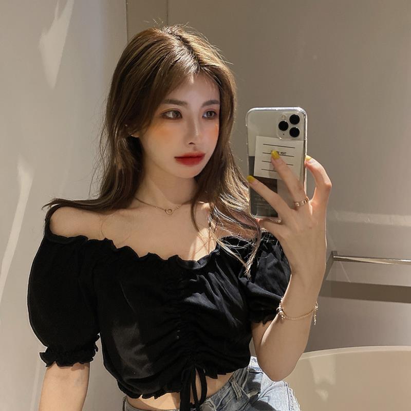 Chemisier en mousseline de soie à manches bouffantes pour femmes, haut court à volants, t-shirt Harajuku, mode jeune, sexy et élégant