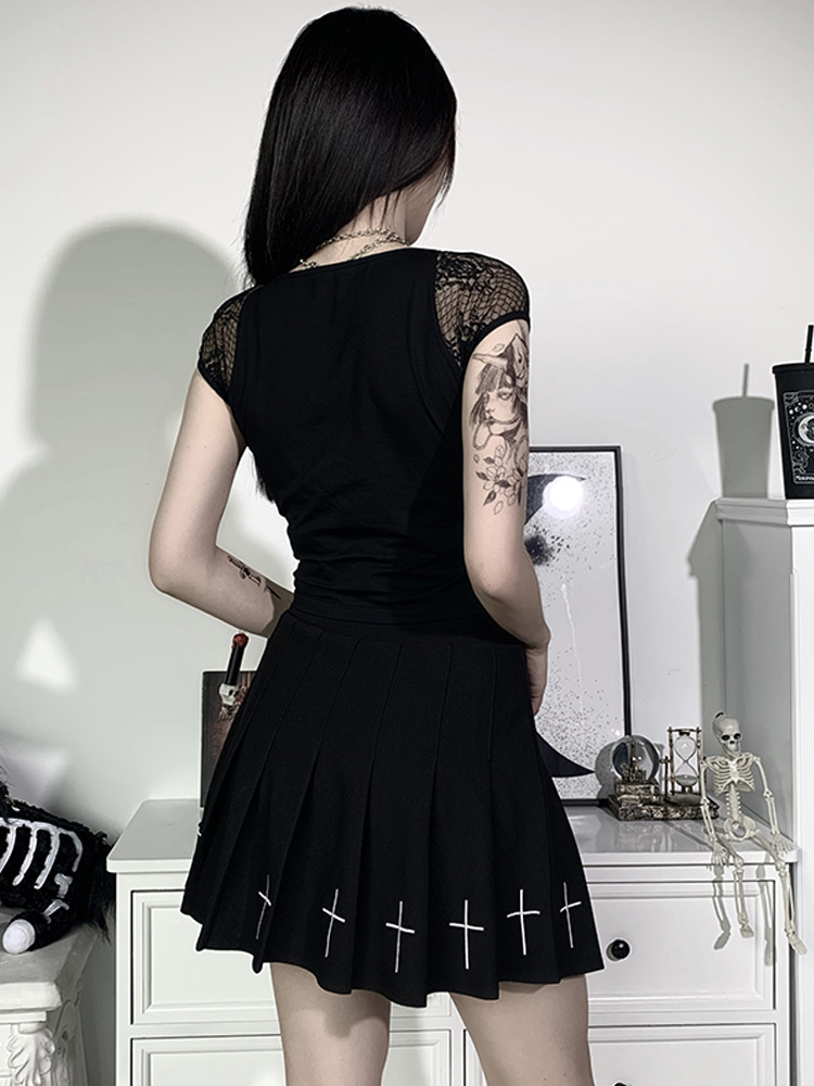 T-shirt gothique Vintage pour femmes, moulant, Bandage, dentelle, maille noire, Sexy, décontracté, gothique, Streetwear, haut féminin