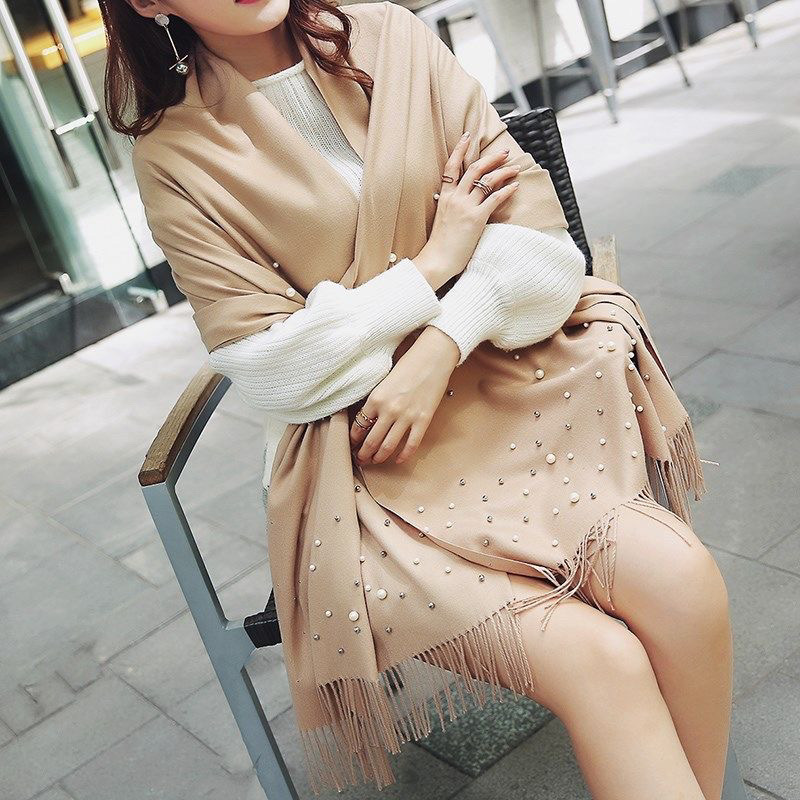 Perles de luxe couleur unie cachemire écharpe femmes hiver chaud Pashmina foulards gland décontracté Bufanda Poncho dame enveloppes châles