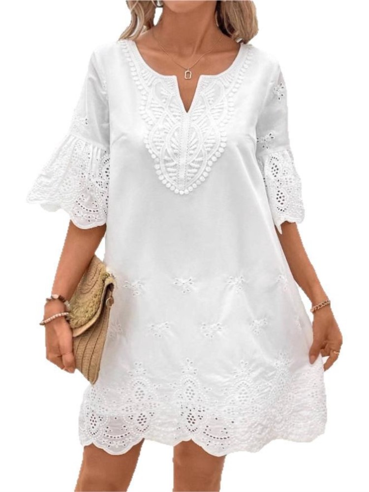 Nouvelle Robe Décontractée Chic à Col V en Dentelle et Manches Courtes, Élégante et Creuse, Blanche, Idéale pour le Bureau, les Fêtes et les Vacances, Robe Femme Été