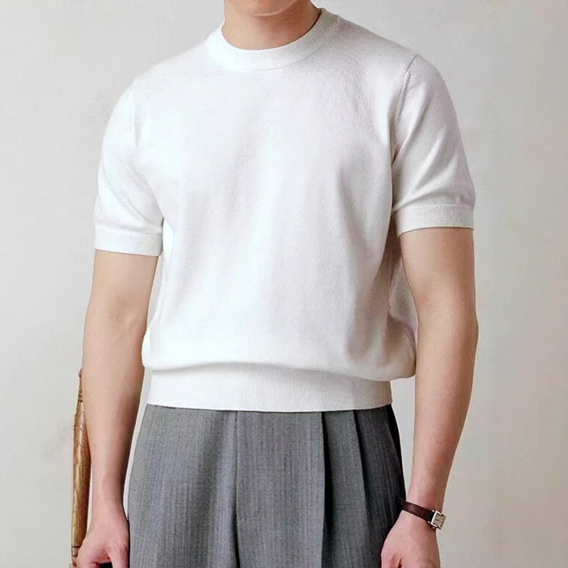 T-shirt manches courtes col rond pour homme, vêtement de luxe léger, tricoté, respirant, décontracté, Slim, couleur unie, Tops basiques, nouvelle mode coréenne