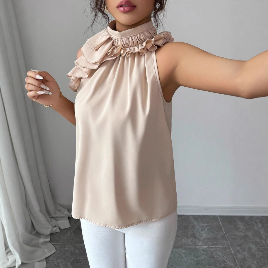 Nouvelle Collection Été – Blouse Femme Tendance à Col Pétale, Dos Nu, Épaules Dénudées, Coupe Slim, Sans Manches, Couleur Unie – Haut Pullover pour Femme