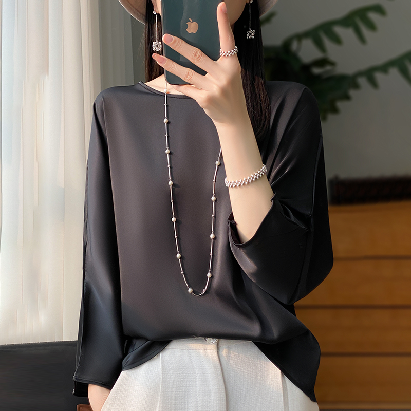 T-shirt à manches trois-quarts pour femmes, chemisier en satin monochrome décontracté, col rond, t-shirts en satin, vêtements pour femmes, été, nouveau