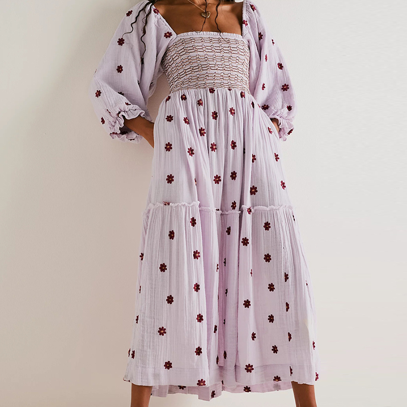Robe maxi trapèze à volants pour femmes, style plage, vacances, bohème, floral, col carré, manches longues, club, soirée