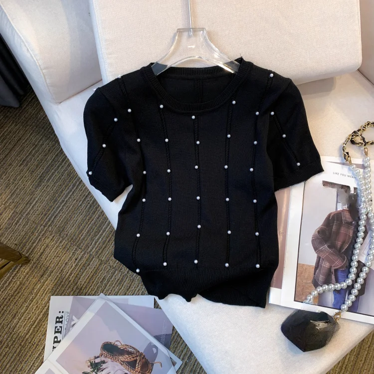 Haut en tricot ajouré à perles roses pour femmes, col rond, manches bouffantes, coupe ajustée, décontracté, élégant, style coréen, pour toutes les saisons.