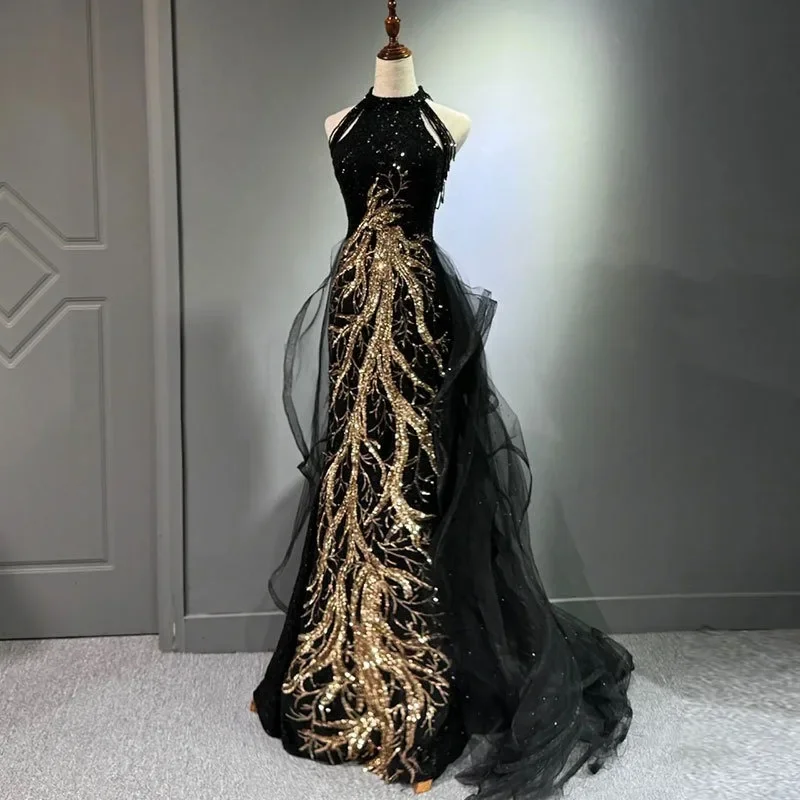 Femmes robes de soirée noir sens avancé mince tempérament célébrité hôte cou queue de poisson jupe mariage Toast robe pour femme