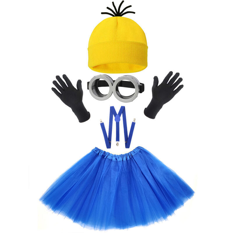 Ensemble de costumes de cosplay pour femmes, mignon, jaune et bleu, 5 pièces avec chapeau en tricot, jupe tutu, bretelles, gants pour Halloween, fête de carnaval