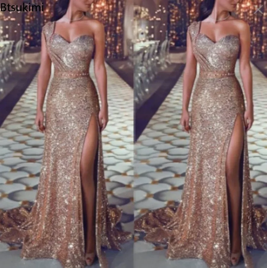 Robe de soirée de mariage pour femmes, élégante, Sexy, décolleté en V profond, asymétrique épaule dénudée, sans manches, paillettes, longue, Maxi, 2026